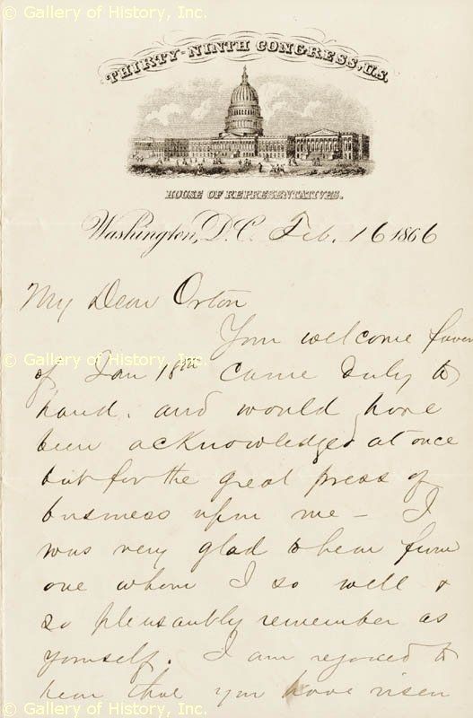 JAMES A. GARFIELD   AUTOGRAPH LETTER SIGNED 02/16/1866  