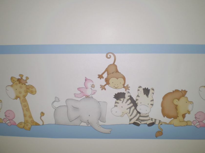 Baby Animals on White with Blue Childs Room Border  