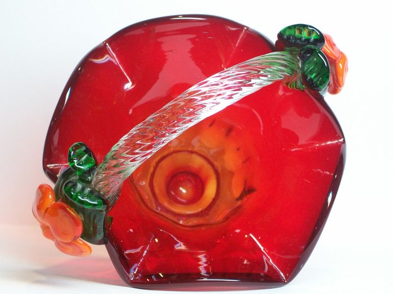 Hand Blown Ruby Red Studio Art Glass Handle Basket Fabricated Flower 