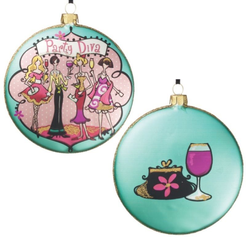 Set 6 Glass Disc Teal Party Diva Wine Purse Christmas Ornament  