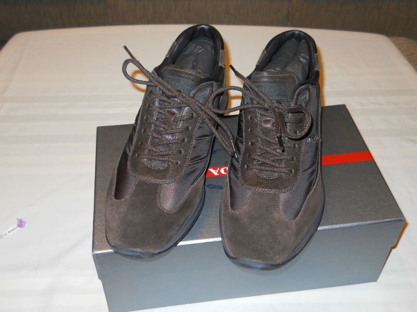 Prada Nylon Nappa Aviator Moro Brown Leather Sneakers Shoes Size 8.5 