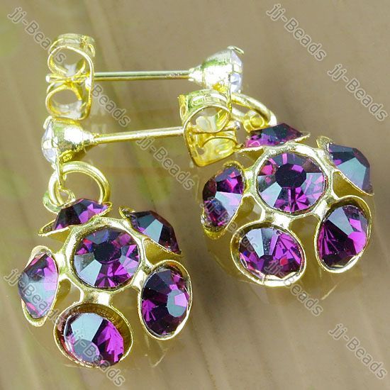 Gold Plated Purple Rhinestone Flower Earring Stud 1Pair Ear Ring 